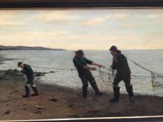 A. Harvey Moore, Fishermen Hauling in the Nets, oil on canvas, signed (60cm x 100cm)