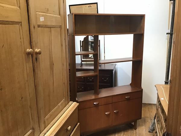 A G Plan style teak 1960s room divider, the top with twin sliding glazed panels over an