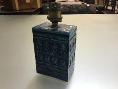 An Italian glazed 1960s turquoise glazed and incised pottery brick shaped lamp base (h.12cm x 8cm