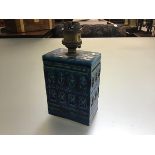 An Italian glazed 1960s turquoise glazed and incised pottery brick shaped lamp base (h.12cm x 8cm