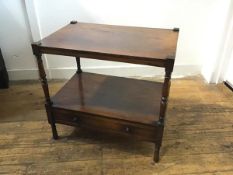 A rosewood two tier Victorian whatnot stand, fitted single frieze drawer, on turned tapered supports