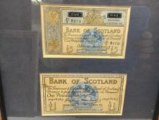 A Bank of Scotland one pound note (slight staining) and a Bank of Scotland five pound note (