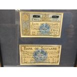 A Bank of Scotland one pound note (slight staining) and a Bank of Scotland five pound note (