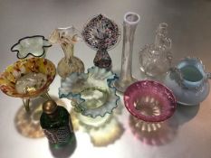 A mixed lot comprising a Dutch 19thc gin flask (missing one handle), a multicoloured glass orchid