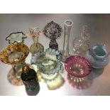 A mixed lot comprising a Dutch 19thc gin flask (missing one handle), a multicoloured glass orchid