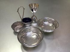 A pair of Birmingham silver circular bonbon dishes (108.66g) with pierced sides, a white metal