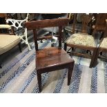 A 19thc pitch pine country side chair with shaped wood seat on square tapered supports (h.84cm x