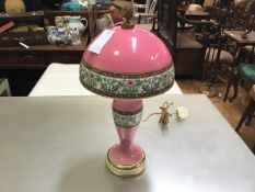 A 19thc china baluster table lamp with mushroom dome shade and brass flame finial (shade