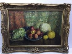 Ann Hargrat, Still Life with Fruit, oil on panel, signed, in gilt composition frame (49cm x 74cm