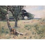 J. Irvine, Girl Sleeping in a Meadow, oil on canvas, signed, in painted composition frame (29cm x