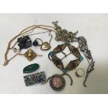 A gilt metal chain, a paste pearl and marcasite pendant, a paste set and enamelled buckle, a 9ct