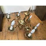 A Dutch style cast brass six branch pendant light fitting of baluster form, with loop handle to