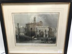 The Forum, Rome, a colour print after an 18th century engraving in a handsome parcel-gilt ebonised