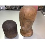 A treen hatmakers/wigmakers last (h.14cm x 15cm) and a head (h.33cm x 16cm) (2)