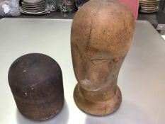 A treen hatmakers/wigmakers last (h.14cm x 15cm) and a head (h.33cm x 16cm) (2)