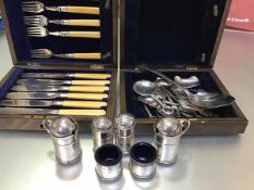 A Birmingham silver six piece condiment set comprising two drum style mustards (h.7cm) complete with