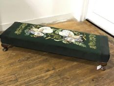 A 1930s mahogany framed fender stool with tapestry fan tail dove and woodpigeon embroidered panel,