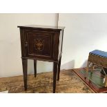 An Edwardian mahogany pot cupboard, the square top with satinwood and inlaid crossbanded border,