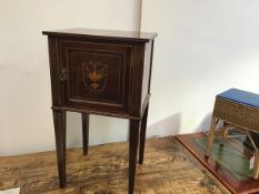 An Edwardian mahogany pot cupboard, the square top with satinwood and inlaid crossbanded border,