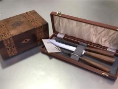A Victorian walnut Tunbridgeware style sewing box (h.11cm x 25cm), with plain interior and a teak
