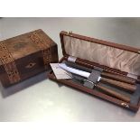 A Victorian walnut Tunbridgeware style sewing box (h.11cm x 25cm), with plain interior and a teak