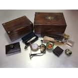 A mixed lot comprising a rosewood mother of pearl inlaid box, an Edwardian oak brass mounted box,