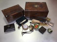 A mixed lot comprising a rosewood mother of pearl inlaid box, an Edwardian oak brass mounted box,