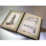 A Victorian photograph album with pasted in Regency and Victorian costume bookplates, with music box