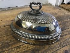 A 19thc oval lobed meat dish cover with scroll handle to top (15cm x 35cm x 25cm)