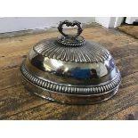 A 19thc oval lobed meat dish cover with scroll handle to top (15cm x 35cm x 25cm)