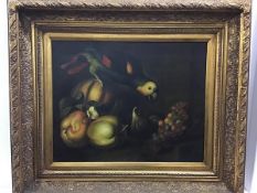 Continental School, Still Life with Green Parrot, Grapes, oil on canvas, unsigned, in modern gilt