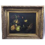 Continental School, Still Life with Green Parrot, Grapes, oil on canvas, unsigned, in modern gilt