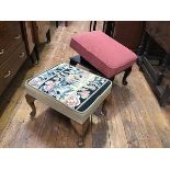 A walnut upholstered footstool with tapestry top, raised on carved moulded supports and pad feet and