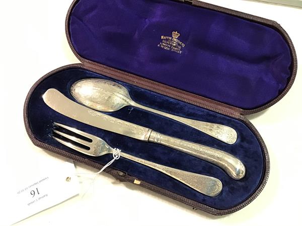 A Mappin Bros. of Regent Street, London, three piece engraved Epns Christening set including