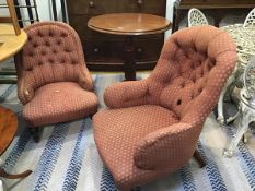 A Victorian walnut framed button back drawing room easy chair upholstered in terracotta checked