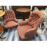 A Victorian walnut framed button back drawing room easy chair upholstered in terracotta checked