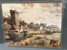 Kenneth M Currie, Old Dysart, Fife, pen and ink drawing highlighted with colour, signed and dated '