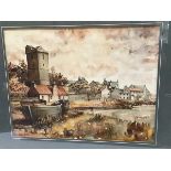 Kenneth M Currie, Old Dysart, Fife, pen and ink drawing highlighted with colour, signed and dated '