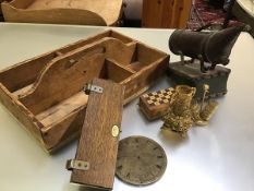 A 19thc pine housemaid's box (h.13cm x 44cm x 27cm), an Acme tie press, a brass clock dial, a