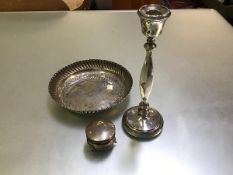 A Birmingham silver octagonal column candlestick (h.24cm), an Edwardian Birmingham silver ring