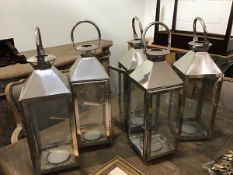 A set of five stainless steel style square storm lanterns (h.50cm including loop x 15cm x 15cm)