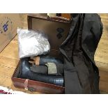 A leather case with riding habit, jodhpurs, riding boots (approx size 6)