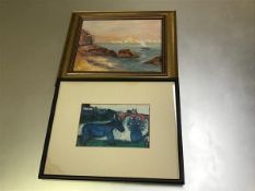 Continental Scene, Sailboat off the Italian Coast, signed and after Chagall, The Blue Donkey,