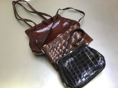 A vintage brown crocodile skin 1930s lady's handbag, The Martin, made in England, with ostrich