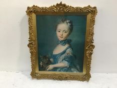 After J.B. Perronneau (1715-1783), Girl with Kitten, mounted in composition rococo style C scroll