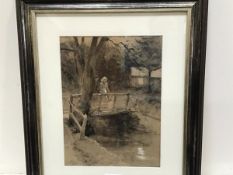 Robert Jobling (?), Couple Standing on a Bridge, monochromatic watercolour highlighted with white,