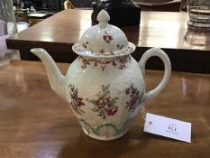 A Liverpool porcelain teapot attributed to Philip Christian, c 1775 with relief molded architectural