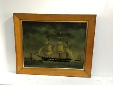 A reproduction bird's eye maple framed reverse painting on glass of a Three Masted US Clipper (