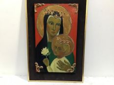 Arlette Schofield, Madonna and Child, oil on wood panel, inscribed verso and paper label verso (64cm