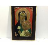 Arlette Schofield, Madonna and Child, oil on wood panel, inscribed verso and paper label verso (64cm